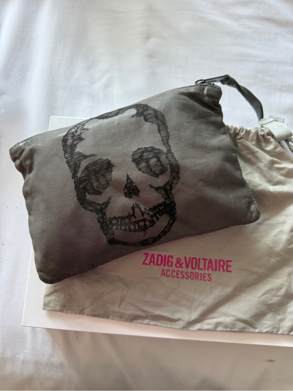 Zadig & Voltaire Gray Leather Skull Pouch